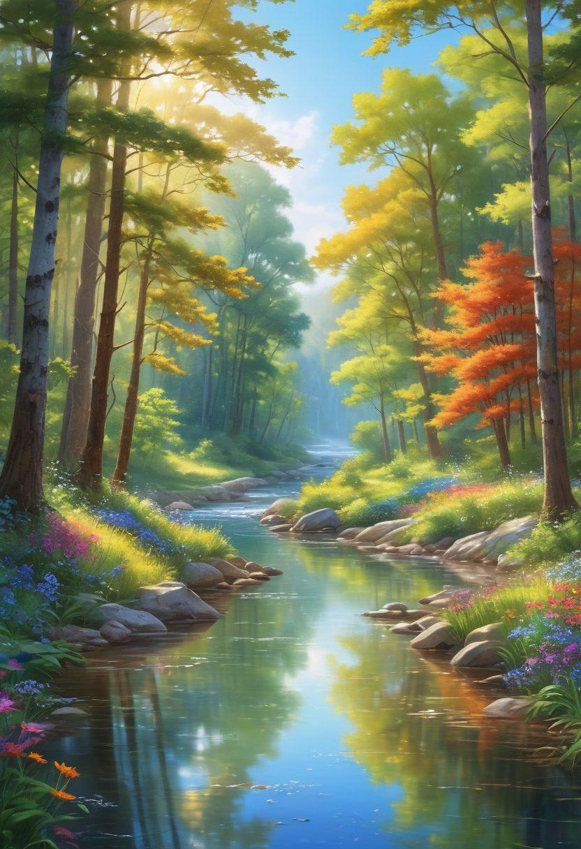 A serene landscape showcasing a vibrant forest with cheerful nature lovers exploring the lush greenery, smiling and connecting with wildlife. Include a sparkling river reflecting the clear blue sky, colorful wildflowers blooming, and birds singing in the trees. Capture a sense of harmony and joy in nature, with warm sunlight filtering through the leaves. bright colors. super-realistic.