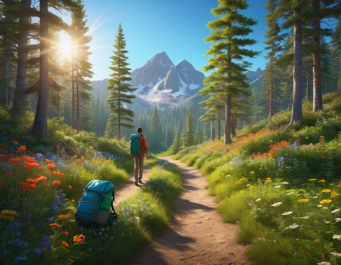 A serene forest scene showcasing a hiker wearing a vibrant green backpack walking along a sun-dappled trail, surrounded by lush trees and colorful wildflowers. Above, a clear blue sky invites the viewer to embrace outdoor adventures, while a cozy campsite is nestled in the background with a glowing campfire and a tent. The atmosphere conveys tranquility and the essence of green living. super-realistic. vibrant colors. 3D.