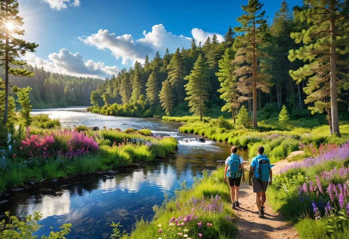 A serene forest landscape featuring a diverse group of people engaged in eco-friendly activities, like hiking and birdwatching. Include vivid greenery, bright wildflowers, and a sparkling river flowing through the scene, showcasing the beauty of nature. The sky should be a perfect blue with fluffy white clouds, symbolizing a joyful atmosphere. Highlight sustainable gear such as recycled backpacks and solar-powered gadgets. super-realistic. vibrant colors. 3D.